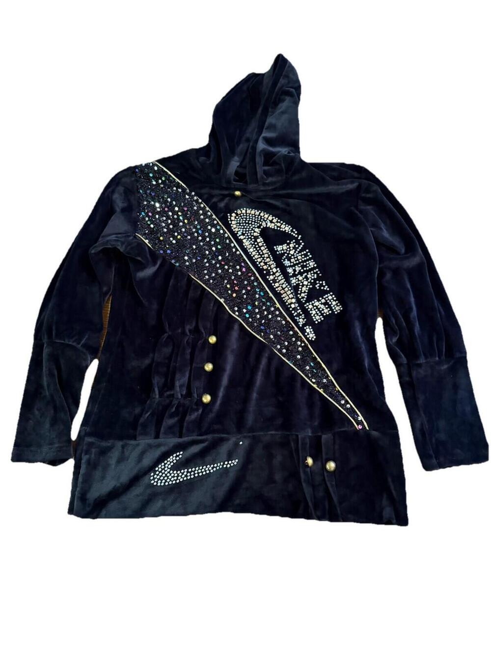 Y2K Upcycled Nike Style Black Velour Hoodie Custom Made Fits Adult Small